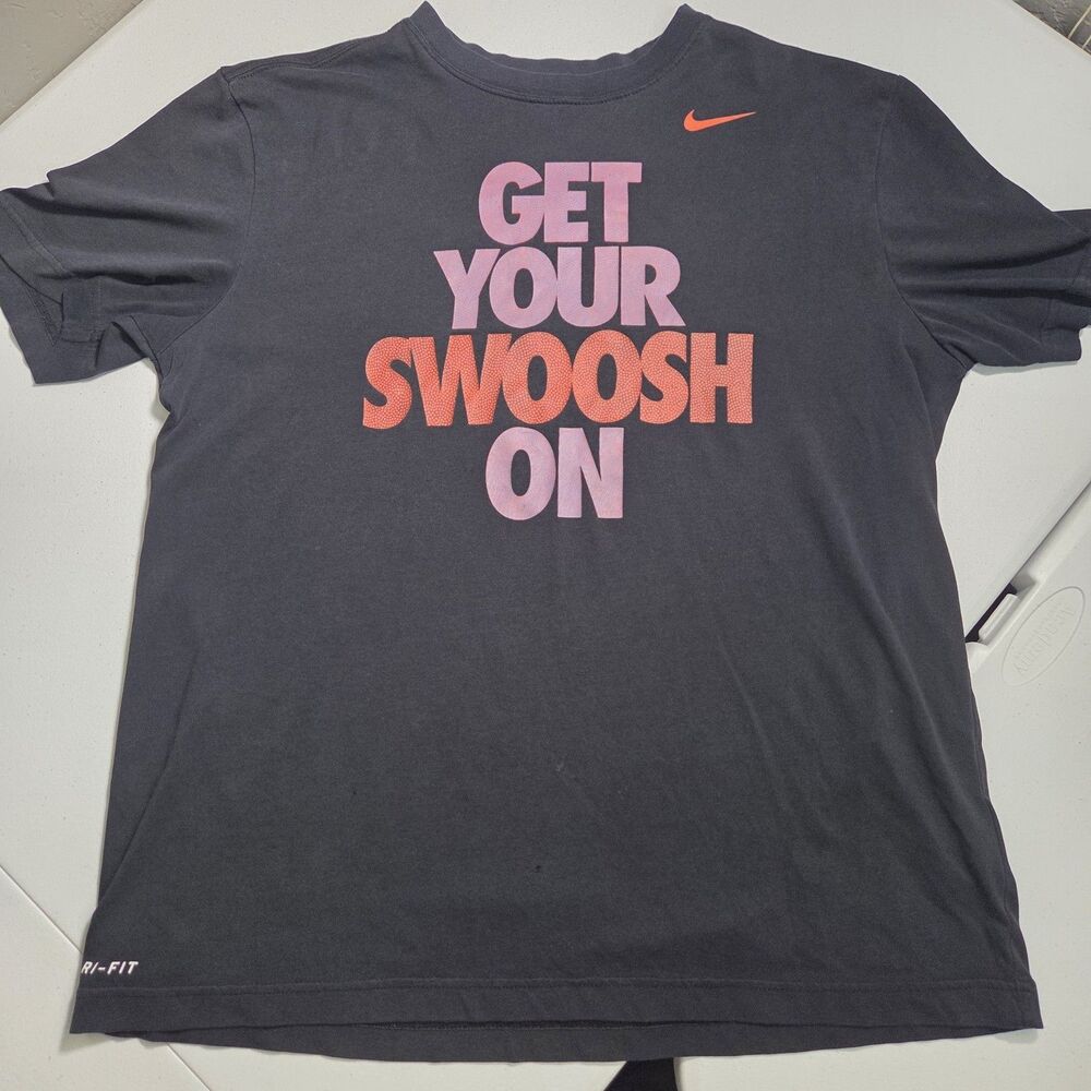 Nike Dri-FIT Graphic T-Shirt Mens Large Gray Get Your Swoosh On Spellout Tee